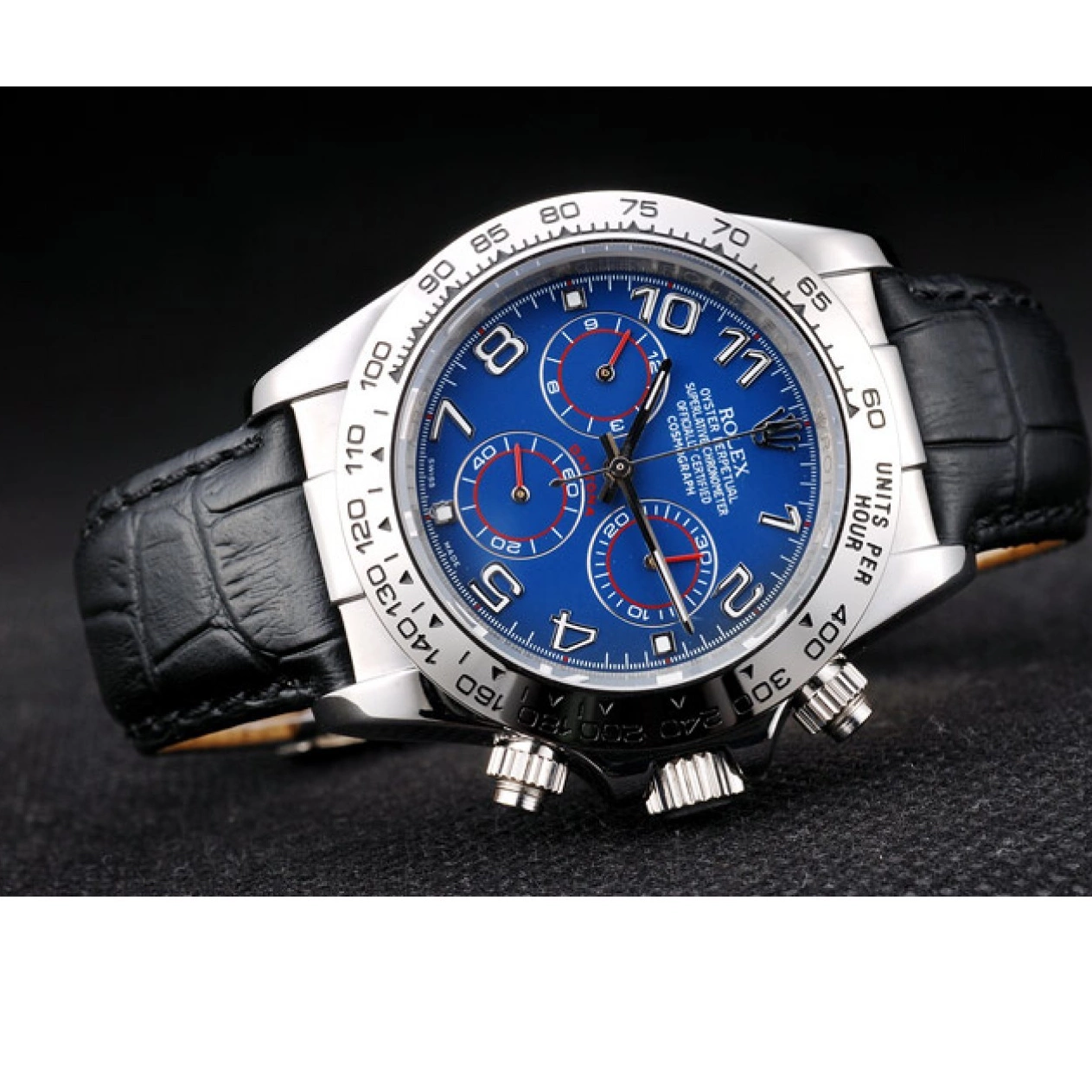 Aaa replica watch Case Steel Black Dial Rolex Daytona Stainless Blue Strap Leather 0625
